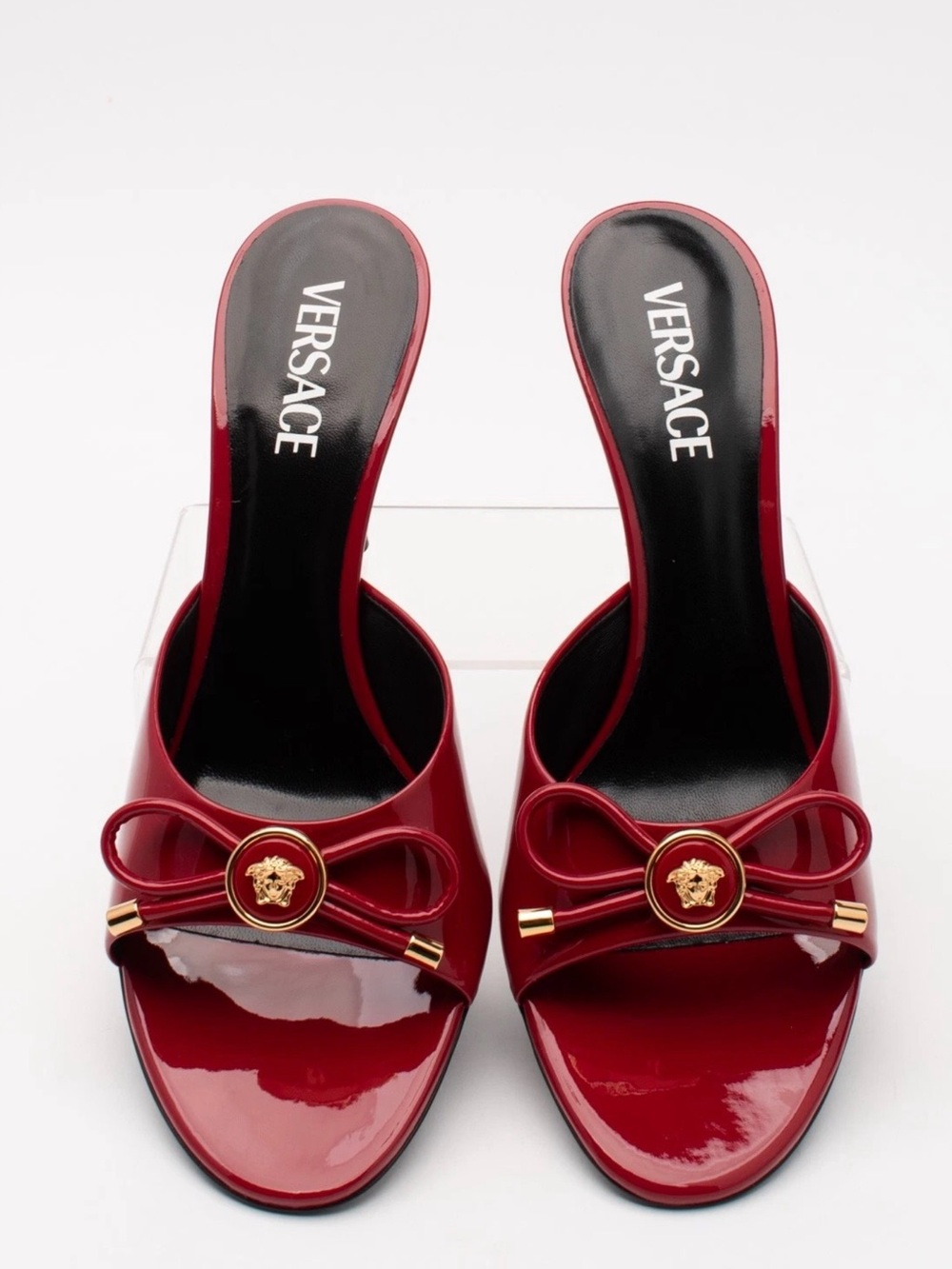 Versace Red Patent Leather Bow Slide Mules with Gold Medusa